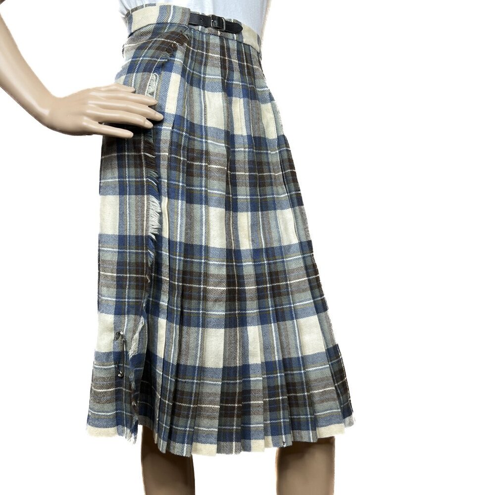 Vintage Plaid 100%‎ Wool Pleated Plaid Midi Skirt Blue Burgundy Cream Size UK 10